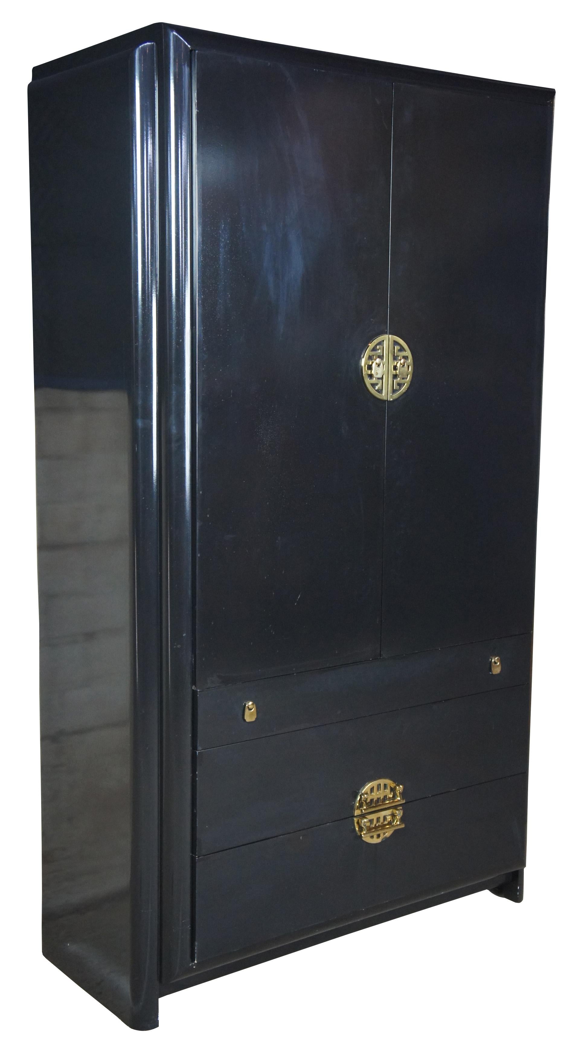 Romweber black lacquered midcentury Asian chinoiserie armoire modern wardrobe

Mid-20th century modern armoire by Romweber Furniture. Features an Asian inspired design with black lacquer finish and nickel polished hardware with oriental motif. The