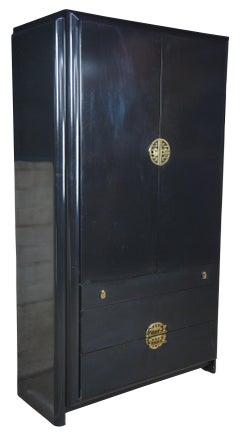 Romweber Black Lacquered Midcentury Asian Chinoiserie Armoire Modern Wardrobe