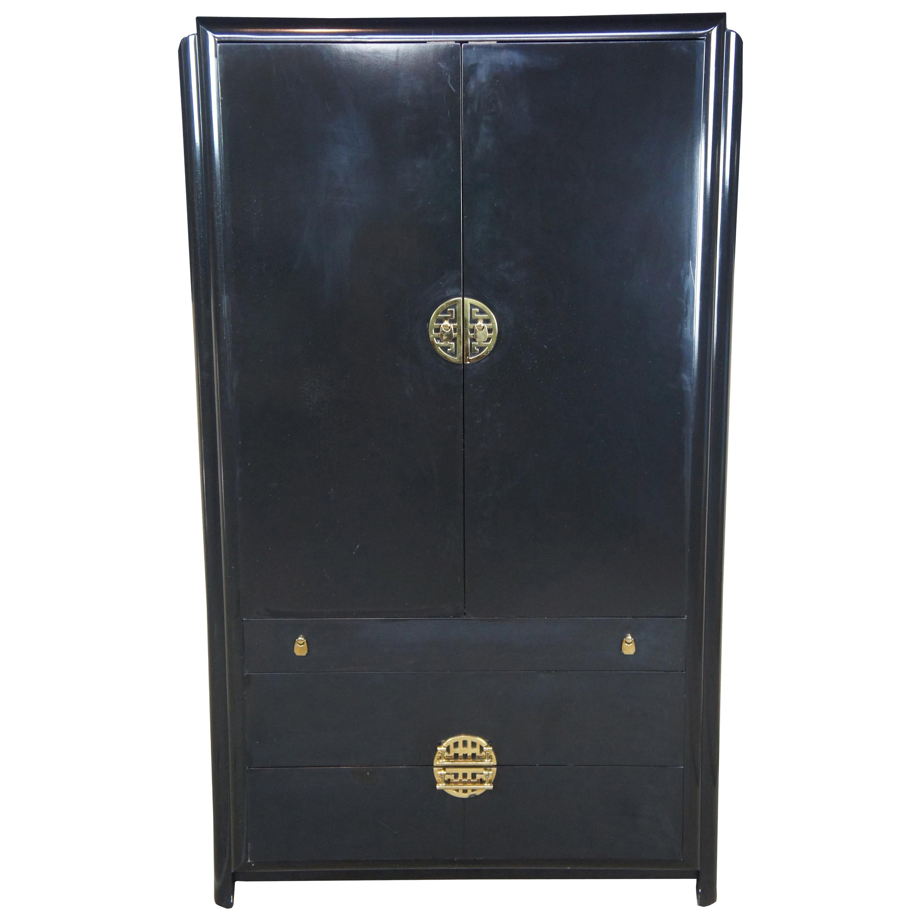 Romweber Black Lacquered Midcentury Asian Chinoiserie Armoire Modern Wardrobe