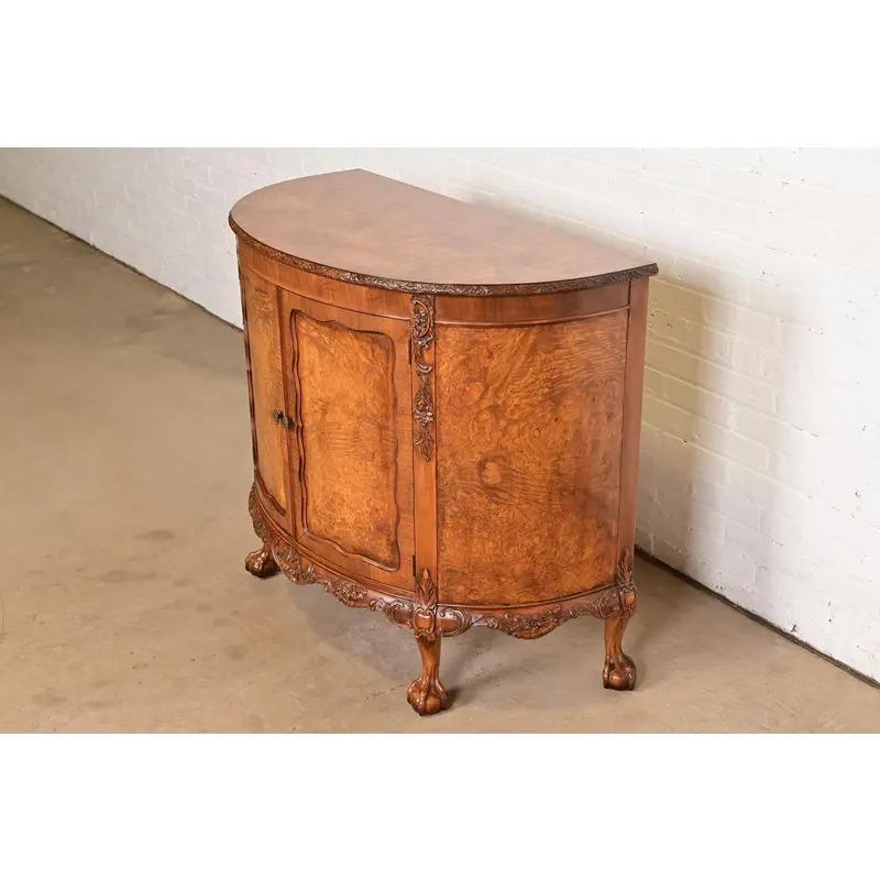 American Romweber Chippendale Burl Wood Demilune Cabinet or Console Table, Circa 1920s For Sale