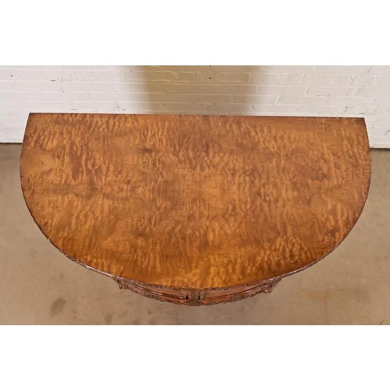 Brass Romweber Chippendale Burl Wood Demilune Cabinet or Console Table, Circa 1920s For Sale