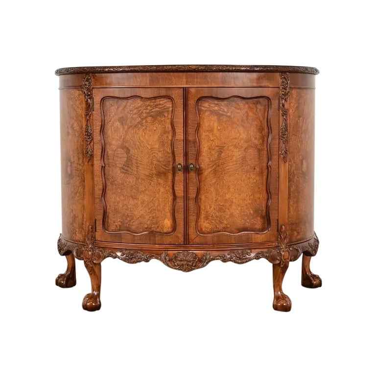 Romweber Chippendale Burl Wood Demilune Cabinet or Console Table, Circa 1920s For Sale