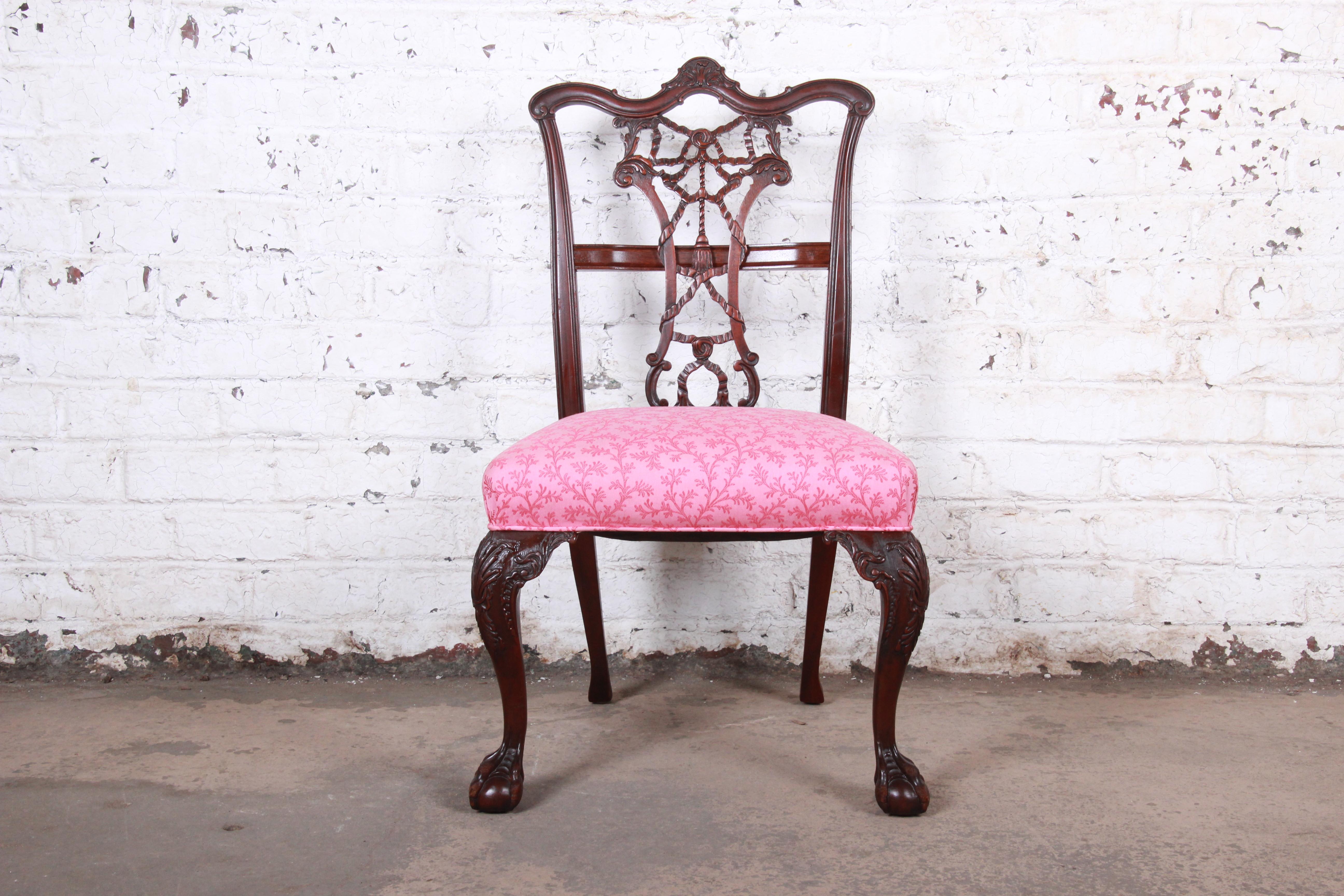 Upholstery Romweber Chippendale Carved Mahogany Dining Chairs, circa 1920s