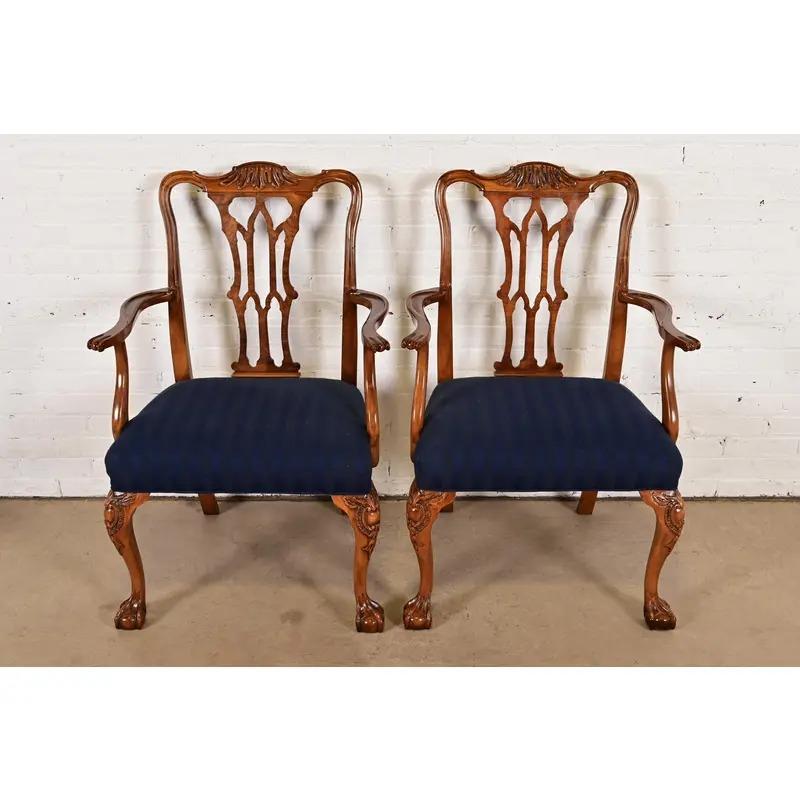 American Romweber Chippendale Carved Walnut and Burl Wood Armchairs, Pair For Sale