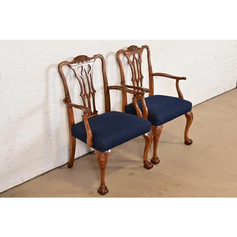 Early 20th Century Romweber Chippendale Carved Walnut and Burl Wood Armchairs, Pair For Sale