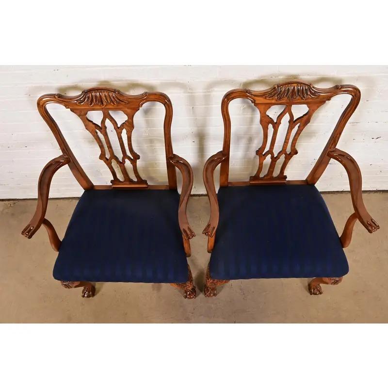Upholstery Romweber Chippendale Carved Walnut and Burl Wood Armchairs, Pair For Sale