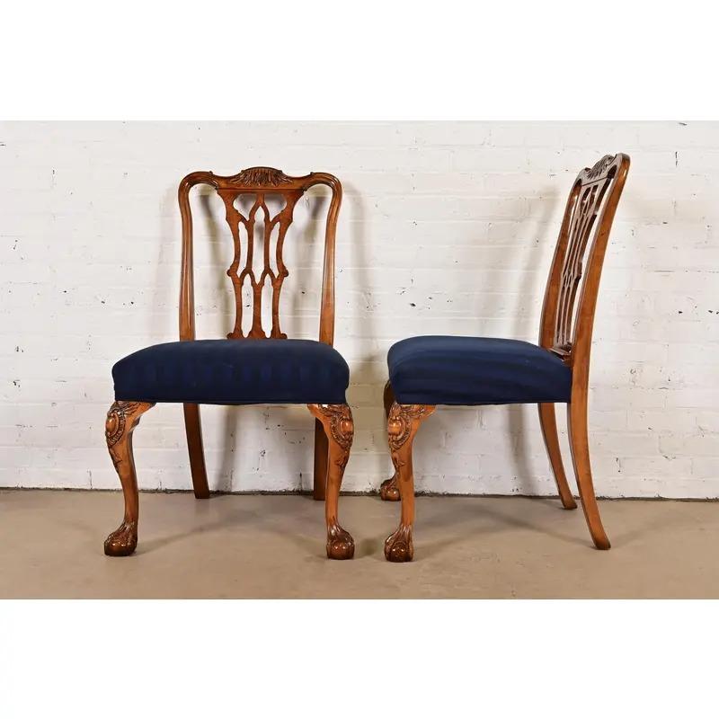 Romweber Chippendale Carved Walnut and Burl Wood Dining Chairs, Pair For Sale 5