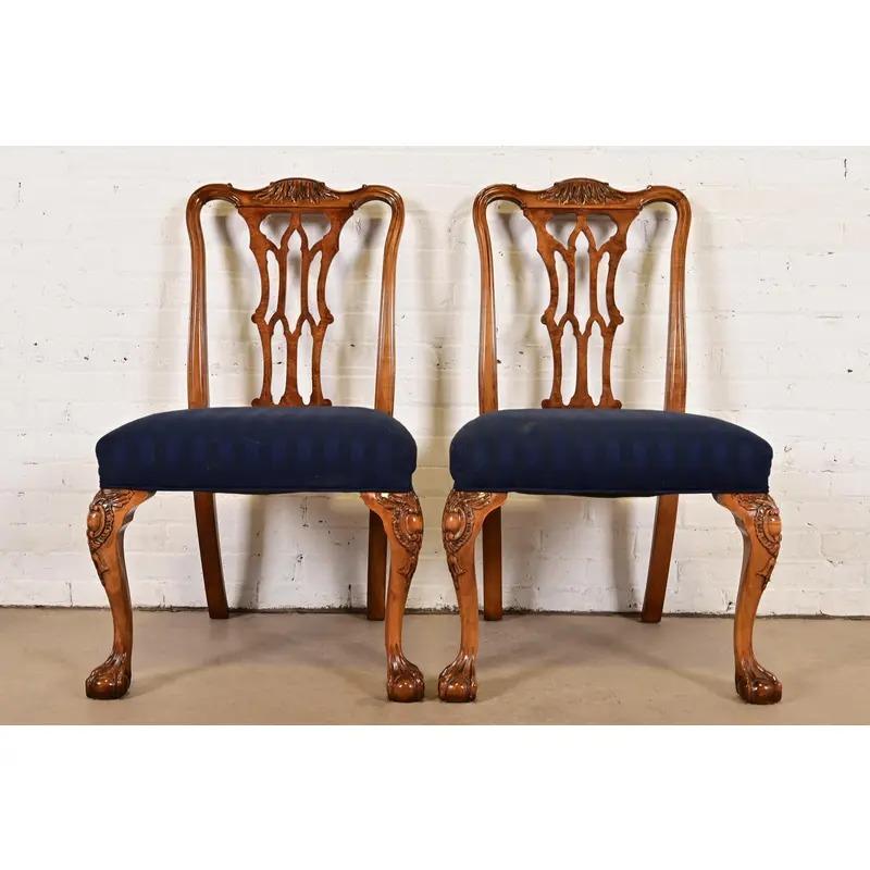 American Romweber Chippendale Carved Walnut and Burl Wood Dining Chairs, Pair For Sale