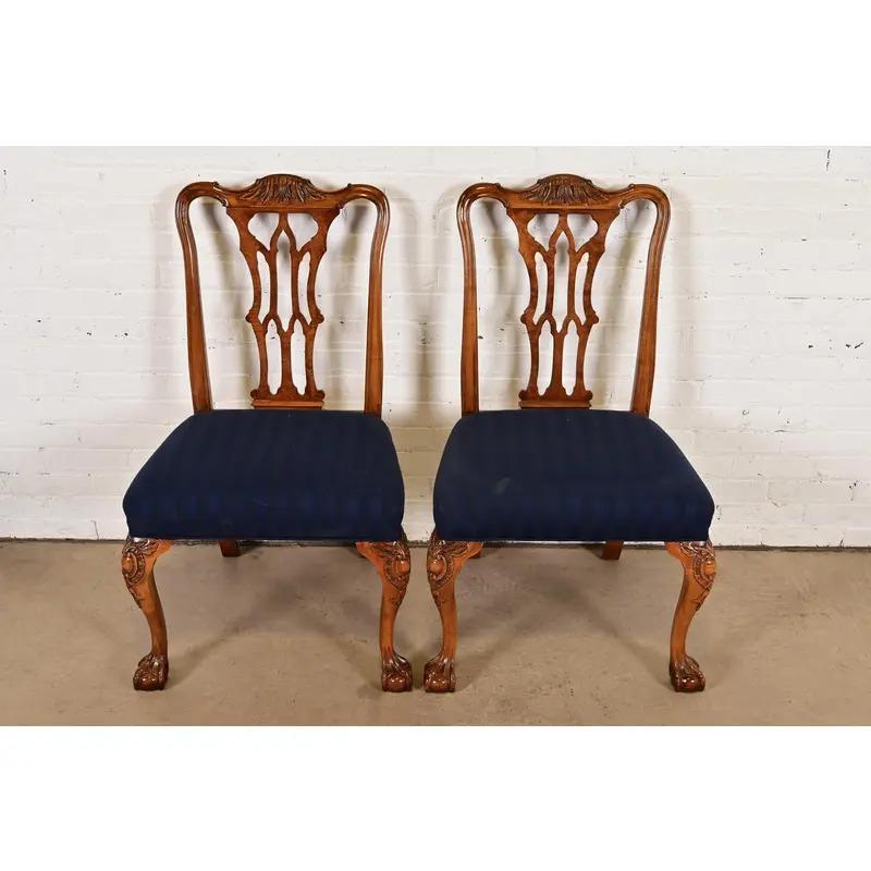 Romweber Chippendale Carved Walnut and Burl Wood Dining Chairs, Pair In Good Condition For Sale In South Bend, IN
