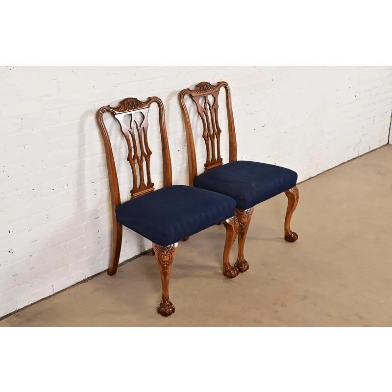 Early 20th Century Romweber Chippendale Carved Walnut and Burl Wood Dining Chairs, Pair For Sale