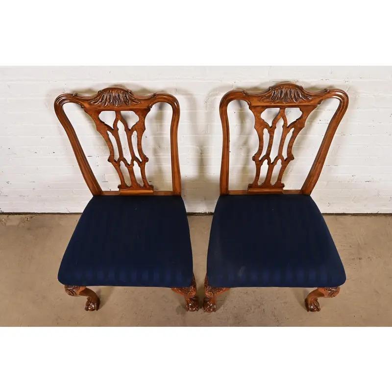 Upholstery Romweber Chippendale Carved Walnut and Burl Wood Dining Chairs, Pair For Sale