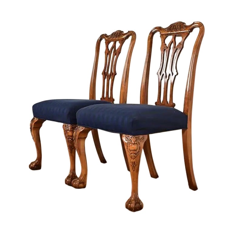 Romweber Chippendale Carved Walnut and Burl Wood Dining Chairs, Pair