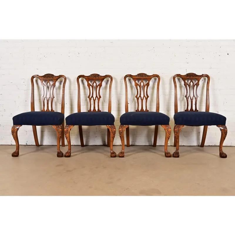 American Romweber Chippendale Carved Walnut and Burl Wood Dining Chairs, Set of Four For Sale