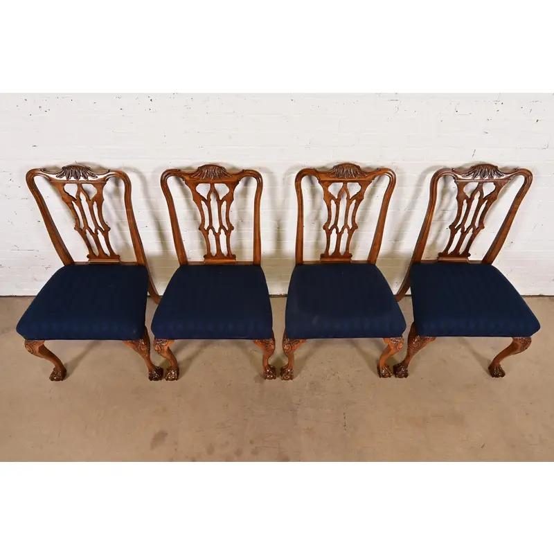 Early 20th Century Romweber Chippendale Carved Walnut and Burl Wood Dining Chairs, Set of Four For Sale