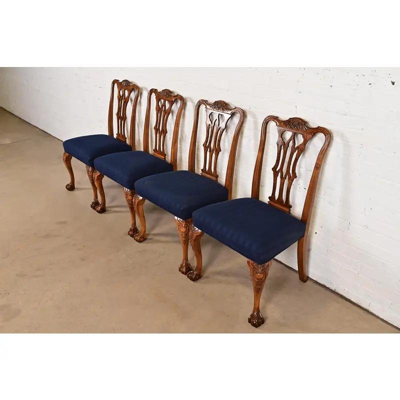 Upholstery Romweber Chippendale Carved Walnut and Burl Wood Dining Chairs, Set of Four For Sale