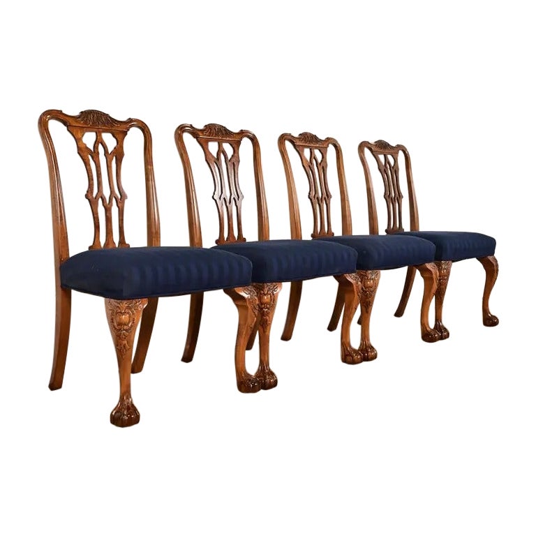 Romweber Chippendale Carved Walnut and Burl Wood Dining Chairs, Set of Four For Sale