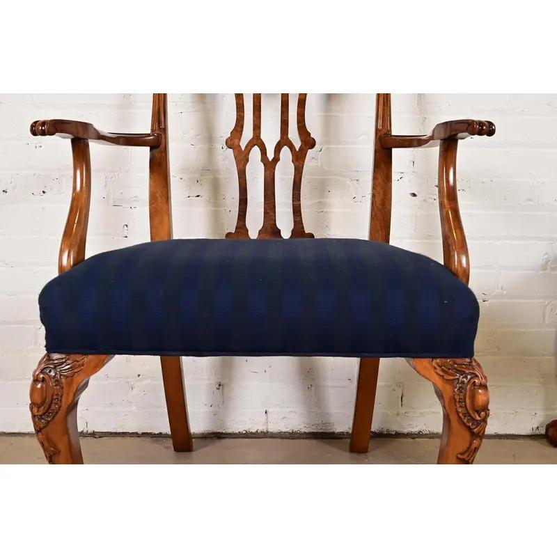 Romweber Chippendale Carved Walnut and Burl Wood Dining Chairs, Set of Six For Sale 4