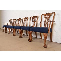 Romweber Chippendale Carved Walnut and Burl Wood Dining Chairs, Set of Six