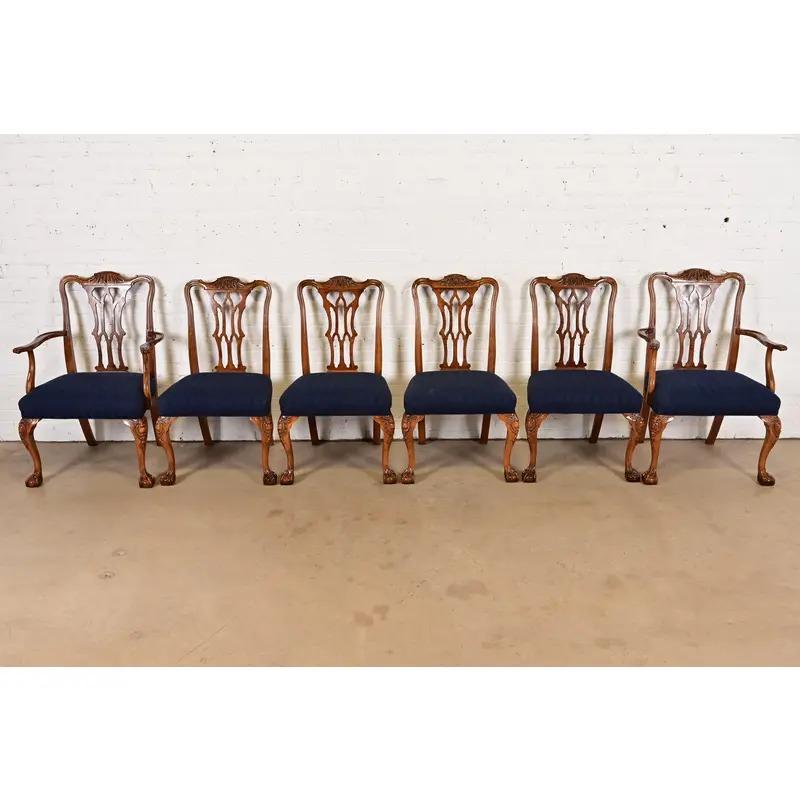 Romweber Chippendale Carved Walnut and Burl Wood Dining Chairs, Set of Six In Good Condition For Sale In South Bend, IN