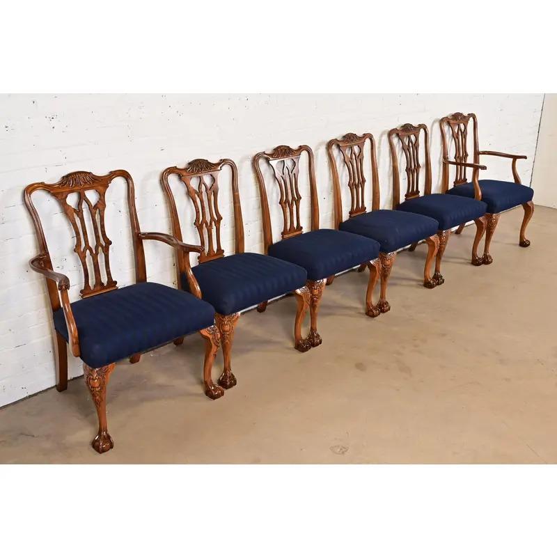 Early 20th Century Romweber Chippendale Carved Walnut and Burl Wood Dining Chairs, Set of Six For Sale