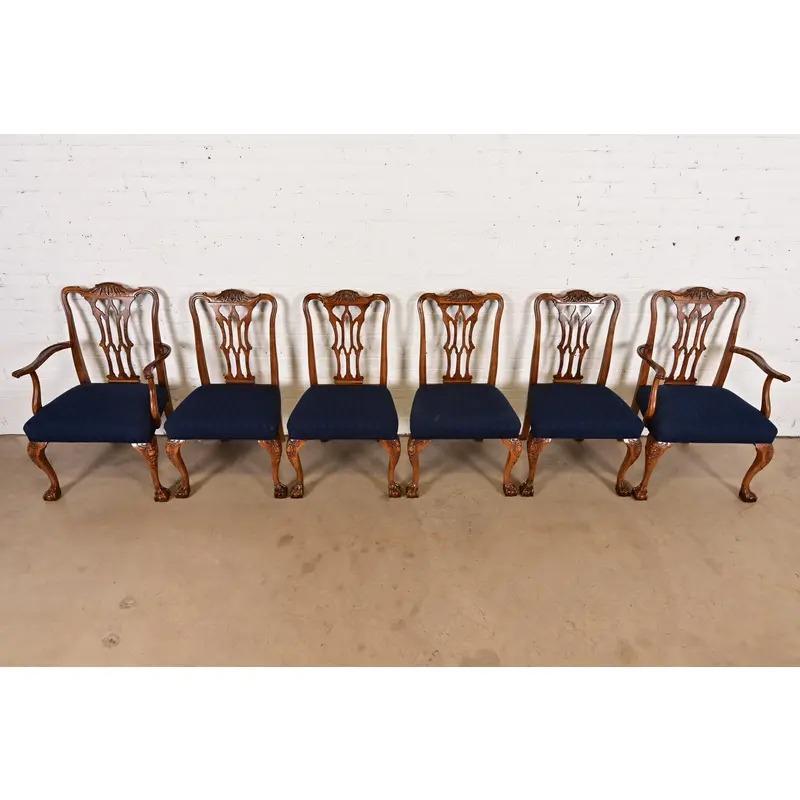 Upholstery Romweber Chippendale Carved Walnut and Burl Wood Dining Chairs, Set of Six For Sale