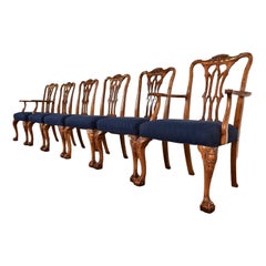 Romweber Chippendale Carved Walnut and Burl Wood Dining Chairs, Set of Six