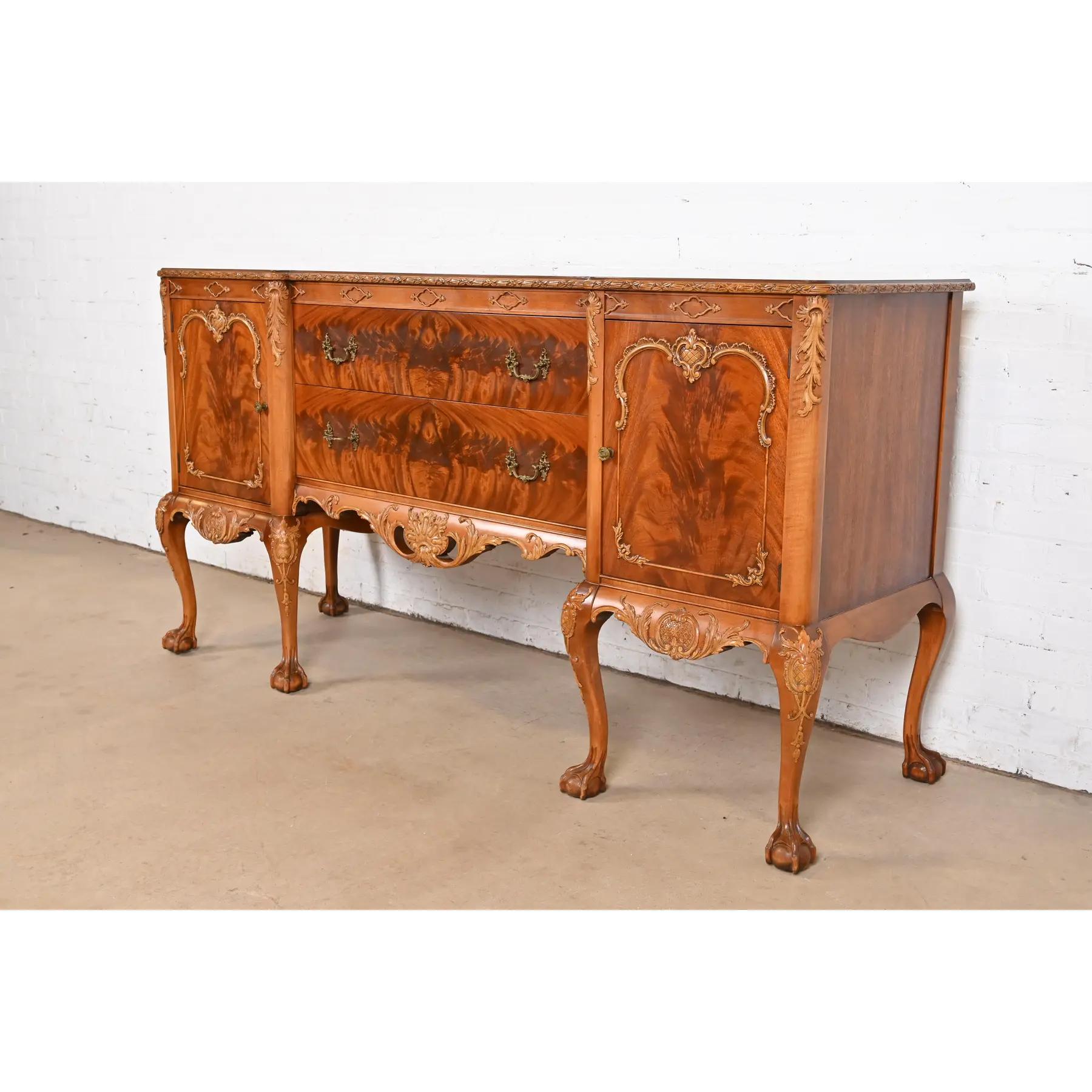 American Romweber Chippendale Flame Mahogany Carved Sideboard Buffet, Circa 1920s For Sale