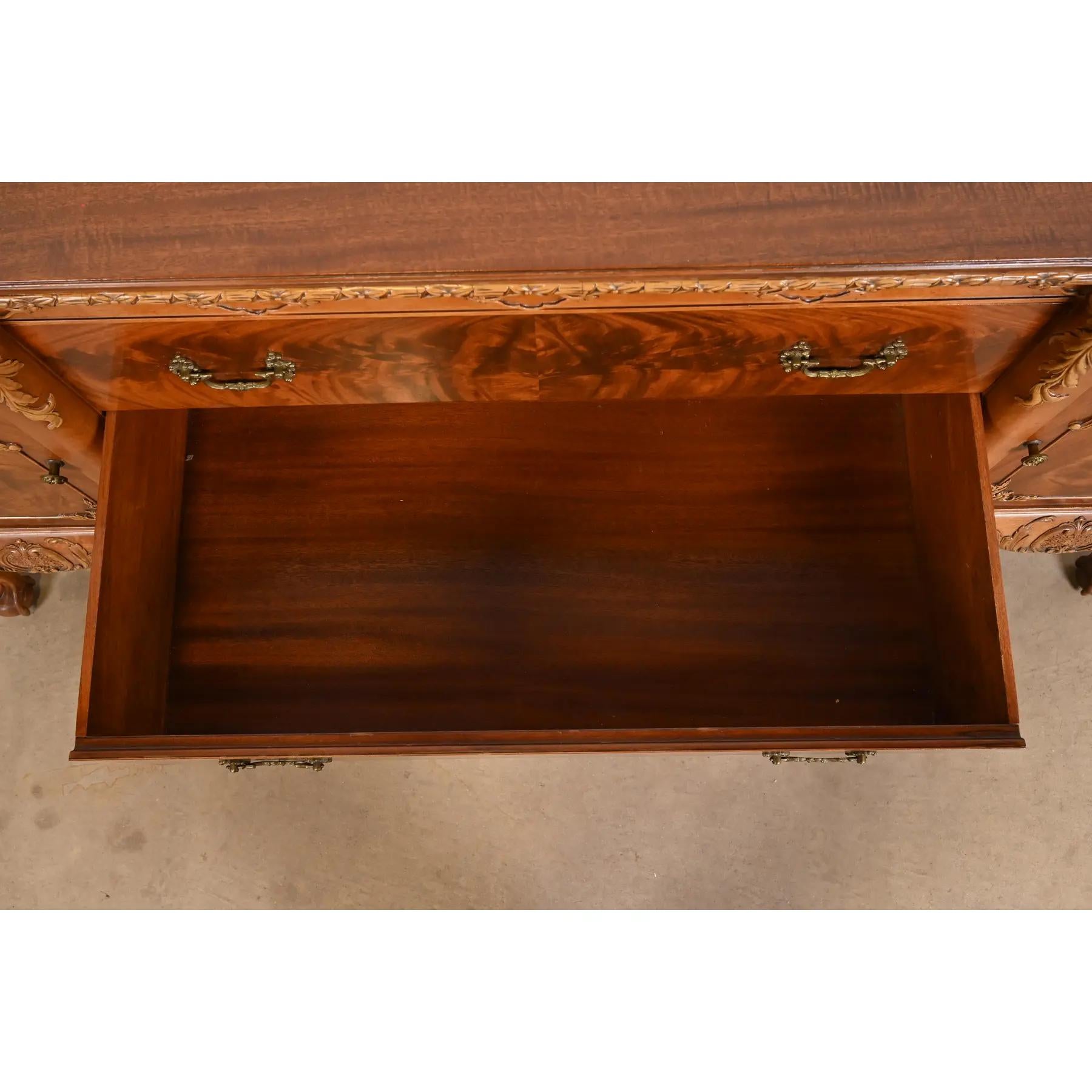 Brass Romweber Chippendale Flame Mahogany Carved Sideboard Buffet, Circa 1920s For Sale