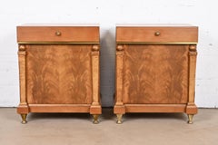 Romweber Empire Mahogany, Burl Wood, and Brass Nightstands, Newly Refinished