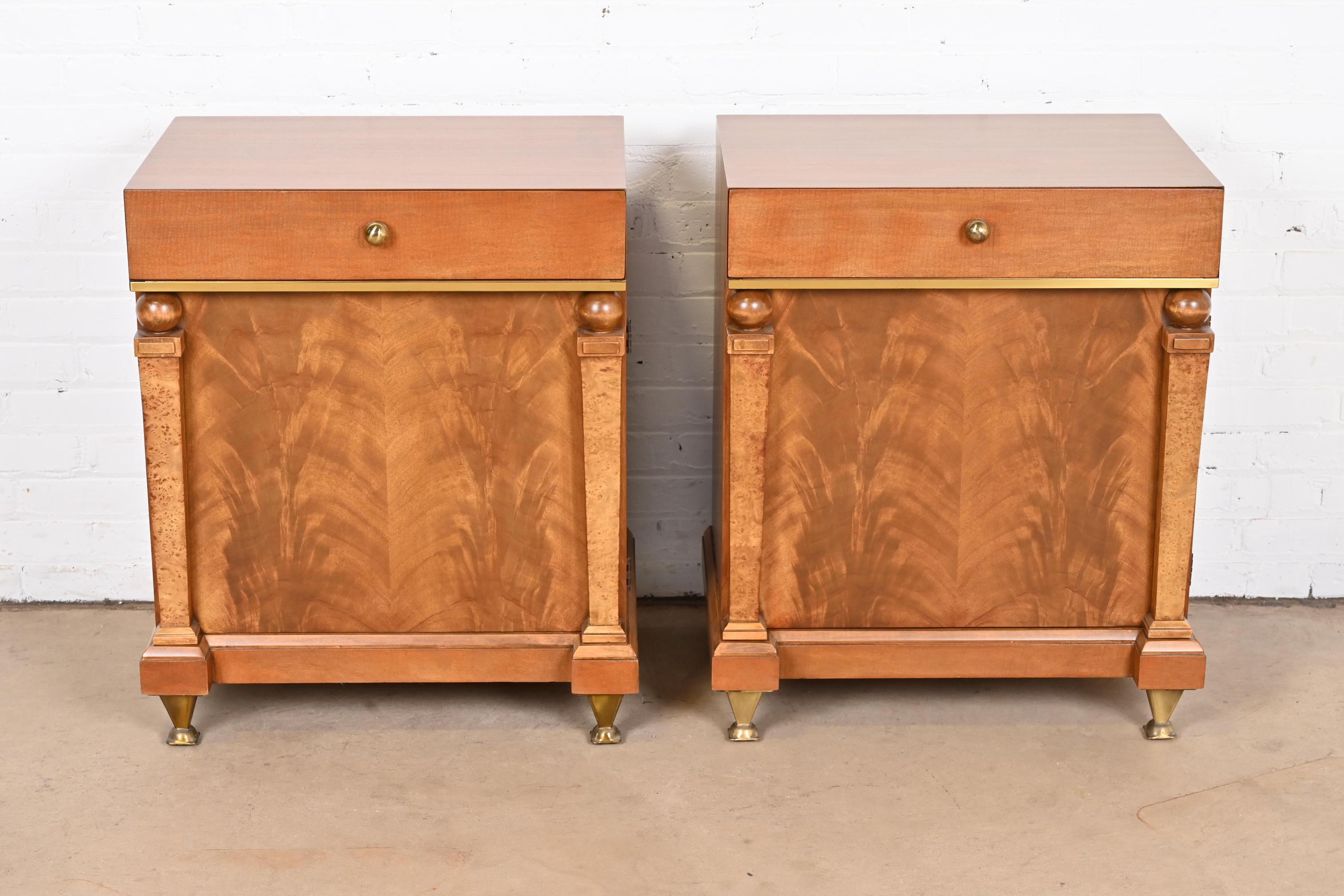 American Romweber Empire Mahogany, Burl Wood, and Brass Nightstands, Newly Refinished For Sale