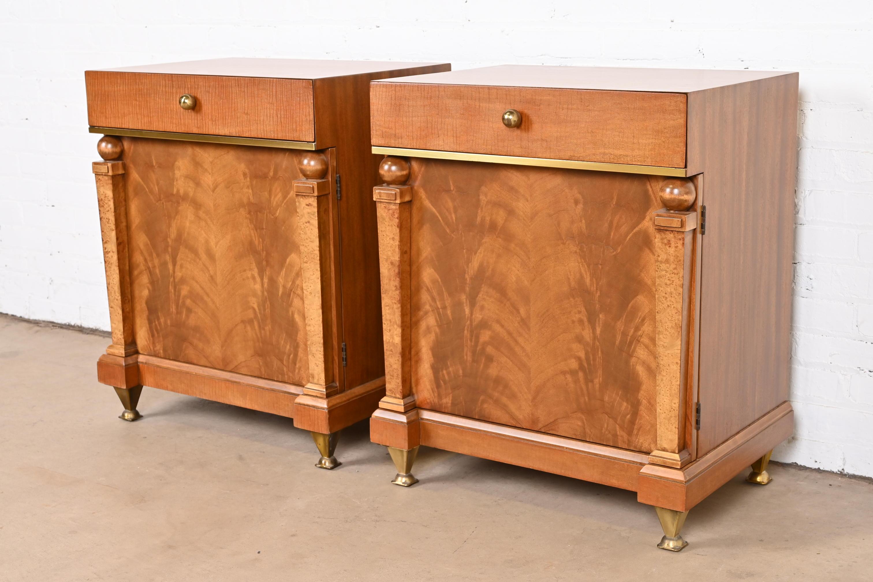 Romweber Empire Mahogany, Burl Wood, and Brass Nightstands, Newly Refinished In Good Condition For Sale In South Bend, IN