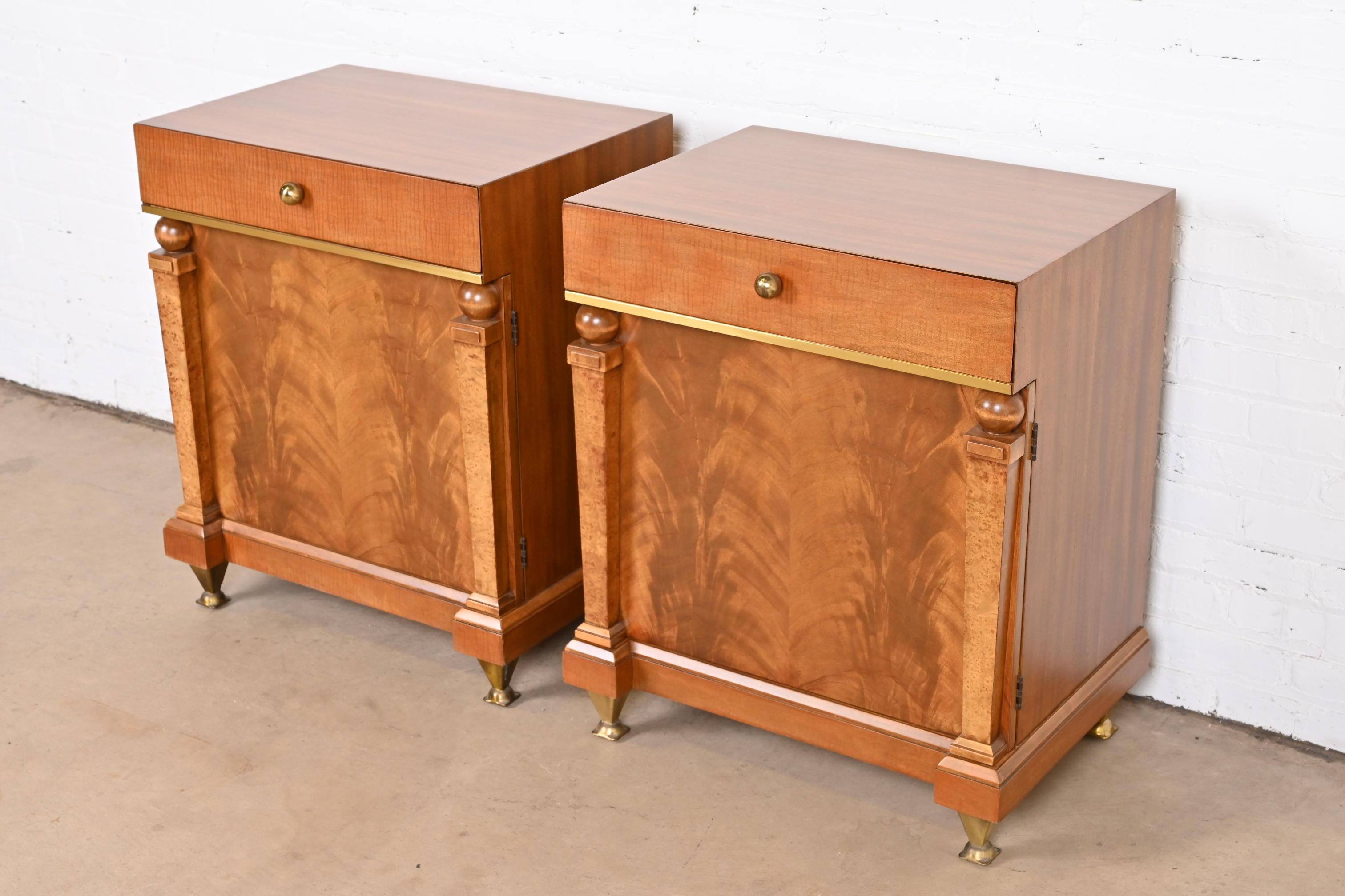 Mid-20th Century Romweber Empire Mahogany, Burl Wood, and Brass Nightstands, Newly Refinished For Sale