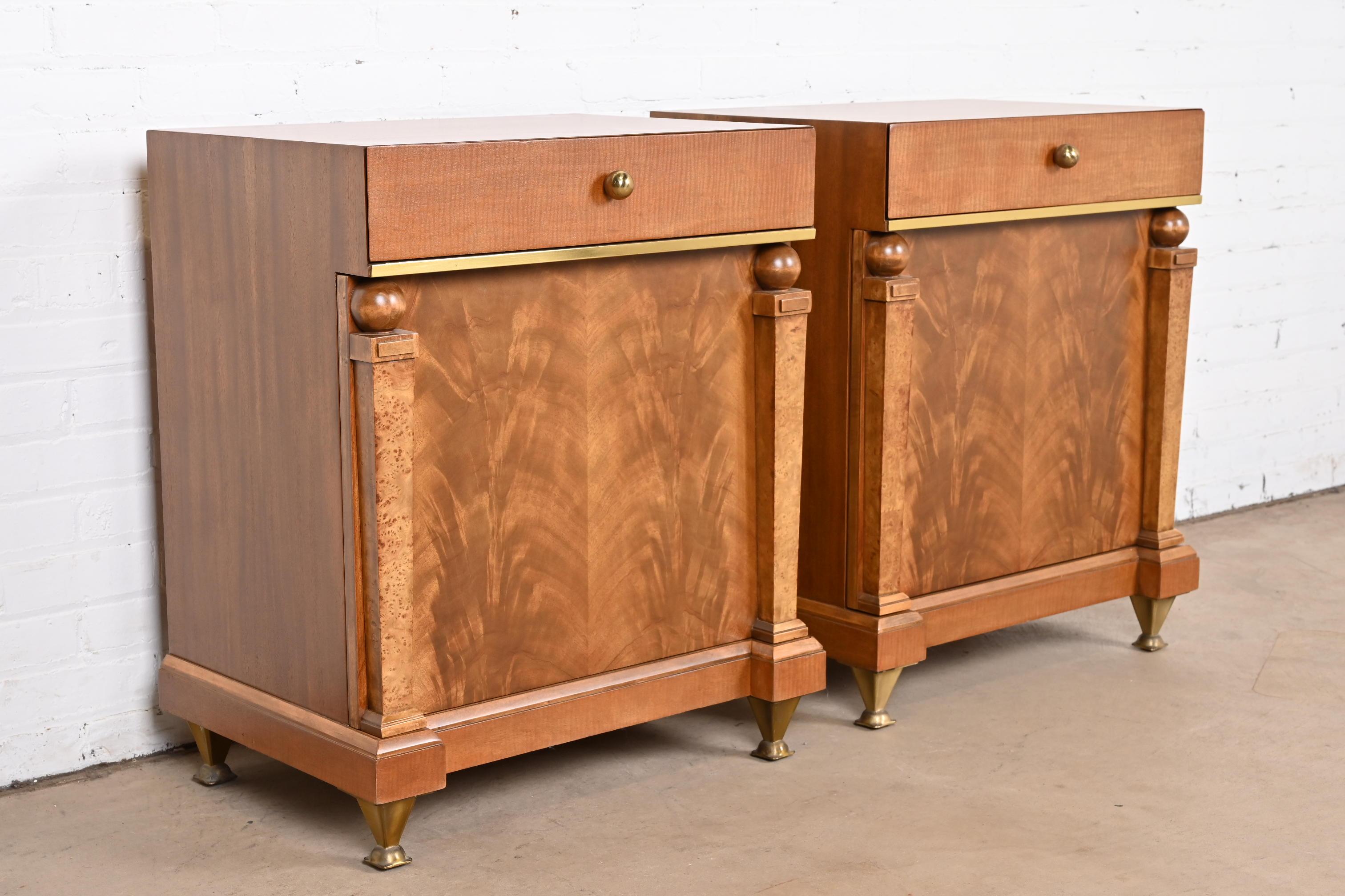 Romweber Empire Mahogany, Burl Wood, and Brass Nightstands, Newly Refinished For Sale 1