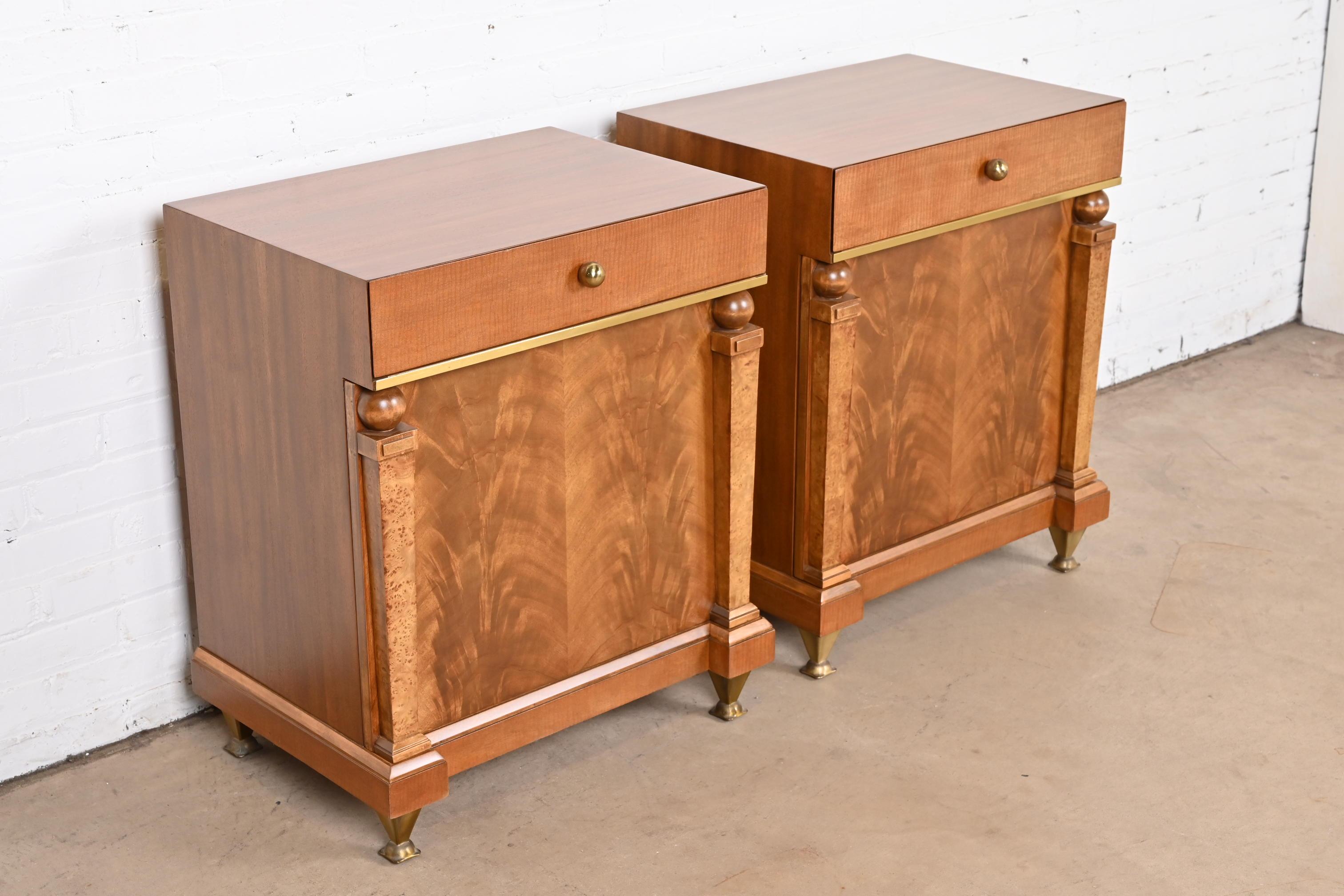Romweber Empire Mahogany, Burl Wood, and Brass Nightstands, Newly Refinished For Sale 2