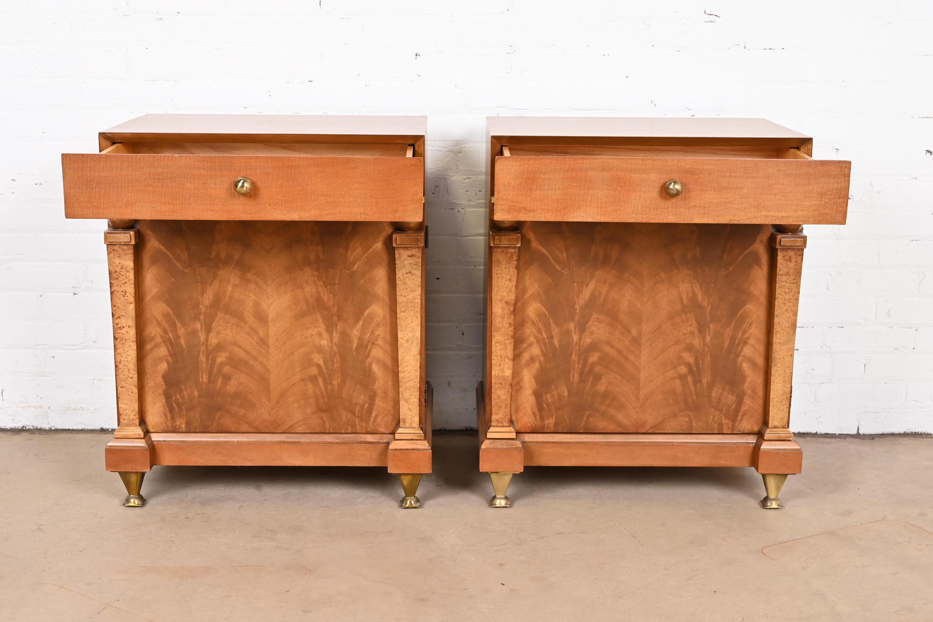 Romweber Empire Mahogany, Burl Wood, and Brass Nightstands, Newly Refinished For Sale 3
