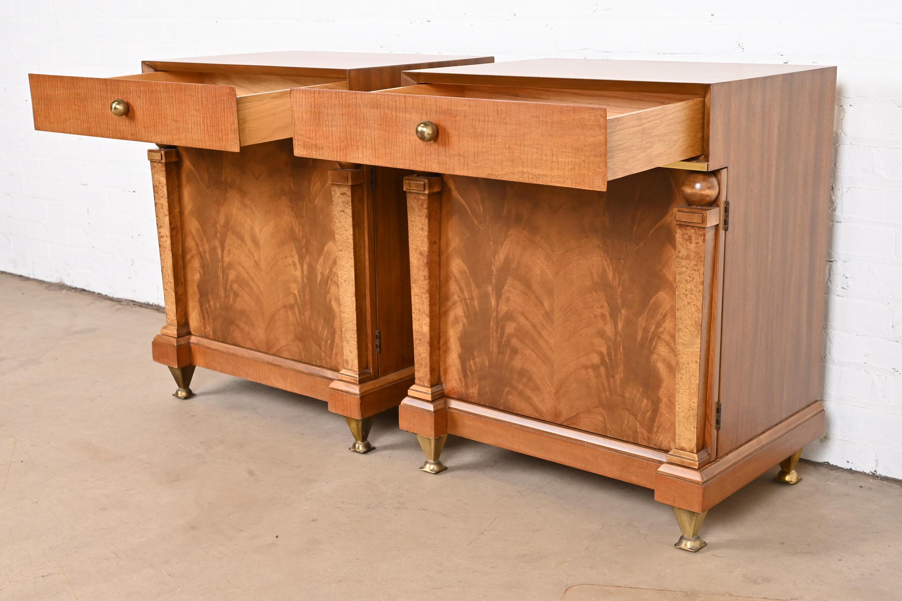 Romweber Empire Mahogany, Burl Wood, and Brass Nightstands, Newly Refinished For Sale 4