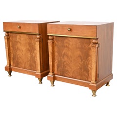 Romweber Empire Mahogany, Burl Wood, and Brass Nightstands, Newly Refinished