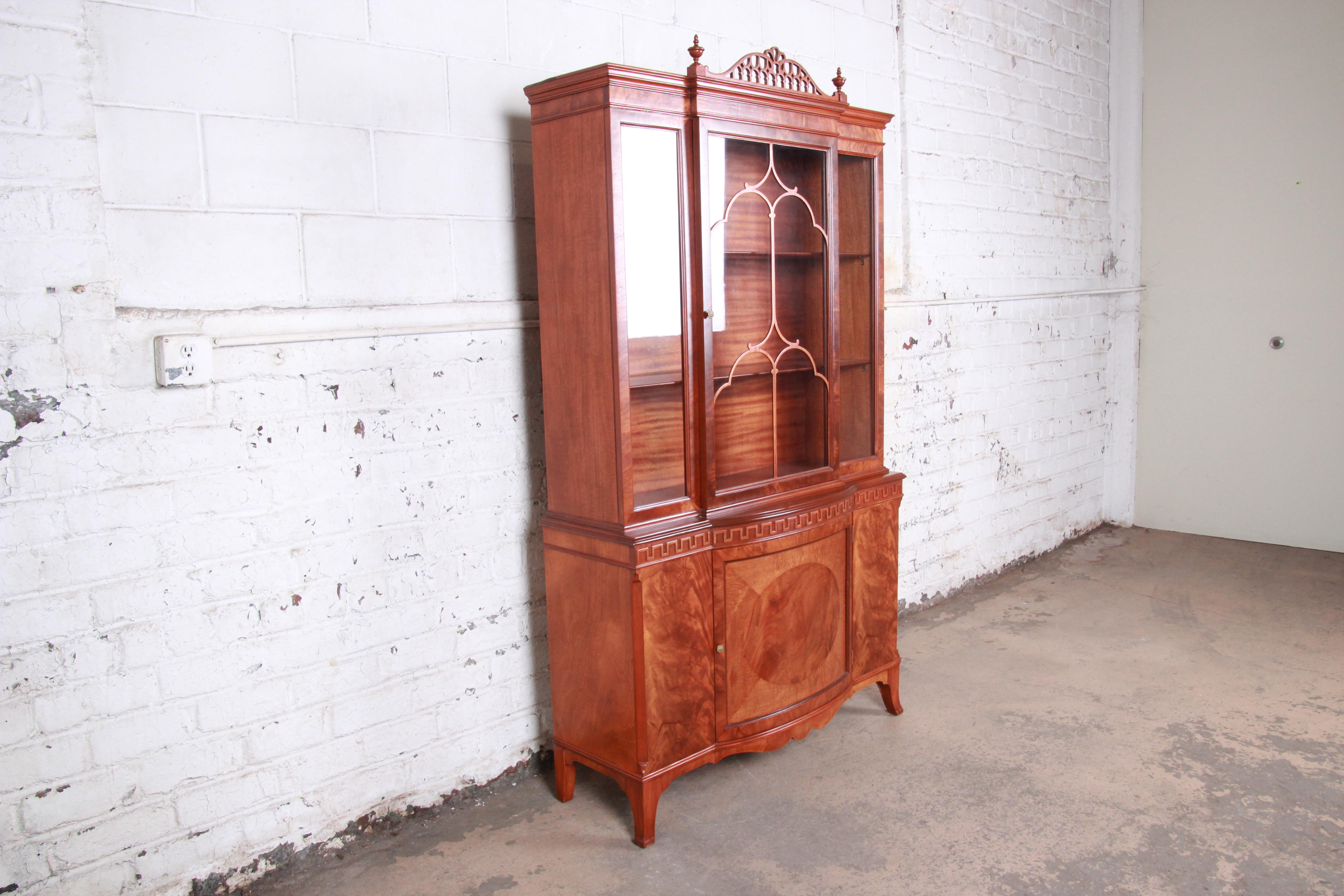 French Provincial Romweber Flame Mahogany Breakfront Display Cabinet or Bookcase, circa 1940s