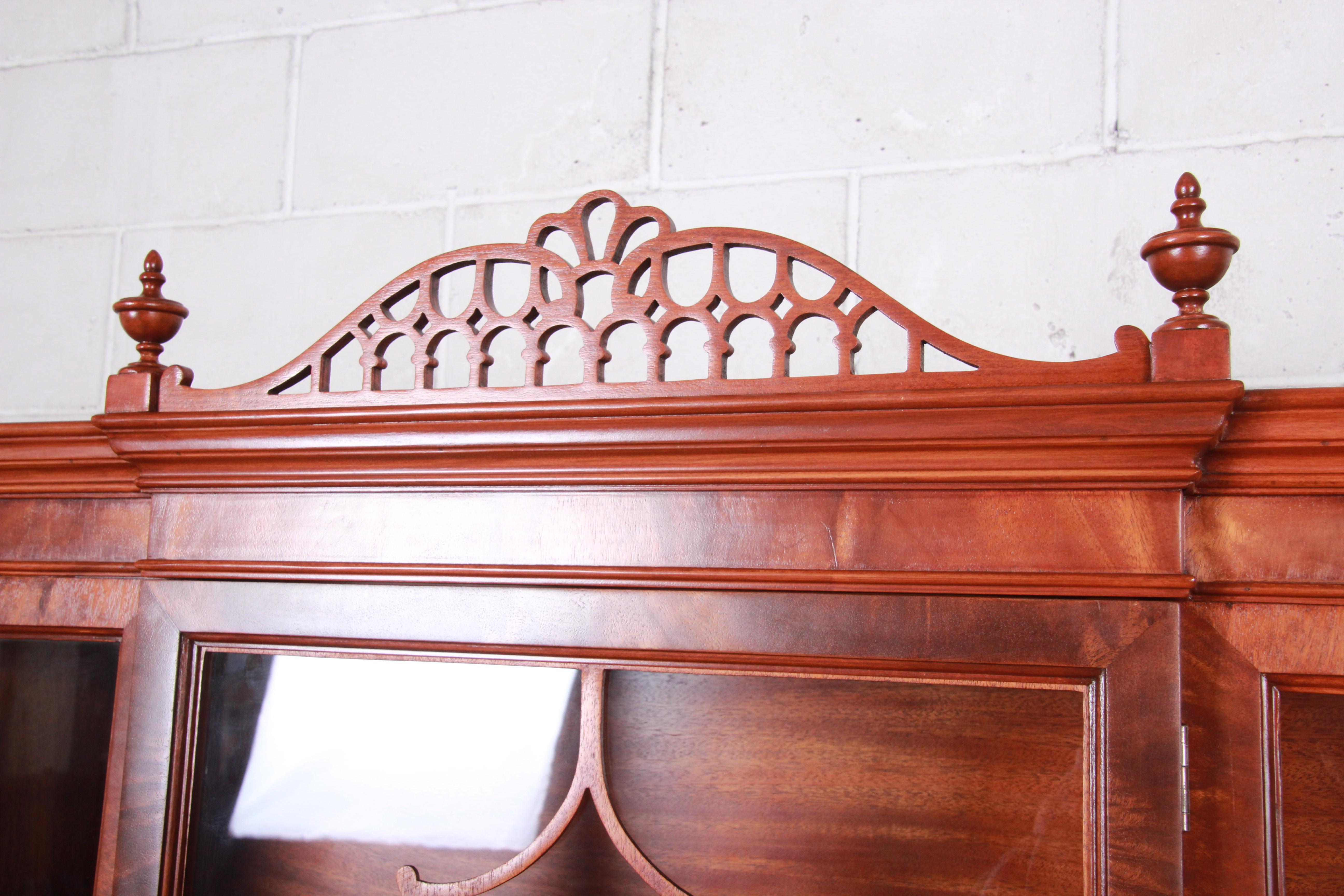 Brass Romweber Flame Mahogany Breakfront Display Cabinet or Bookcase, circa 1940s