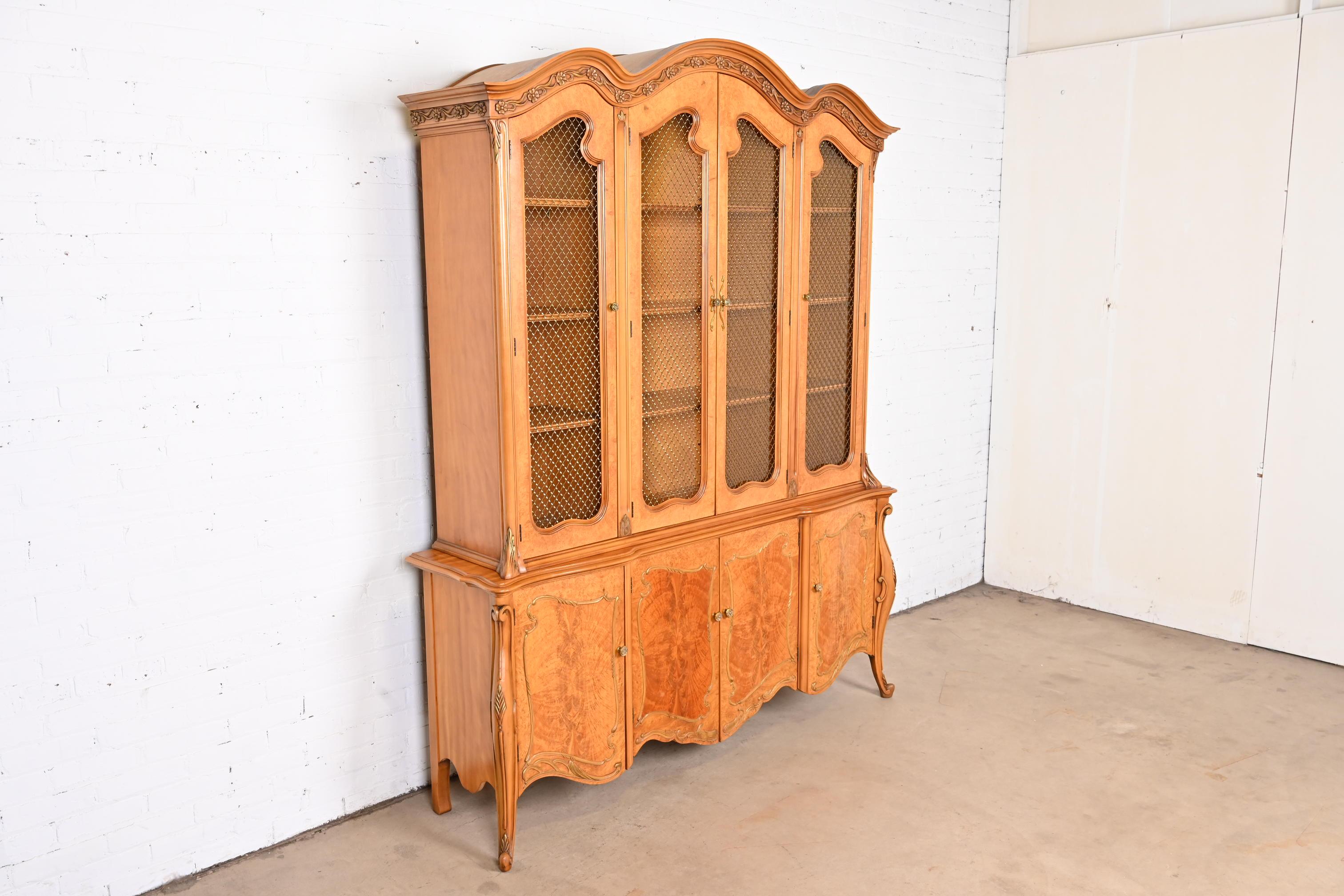 American Romweber French Louis XV Burl Wood Breakfront Bookcase or Dining Cabinet For Sale