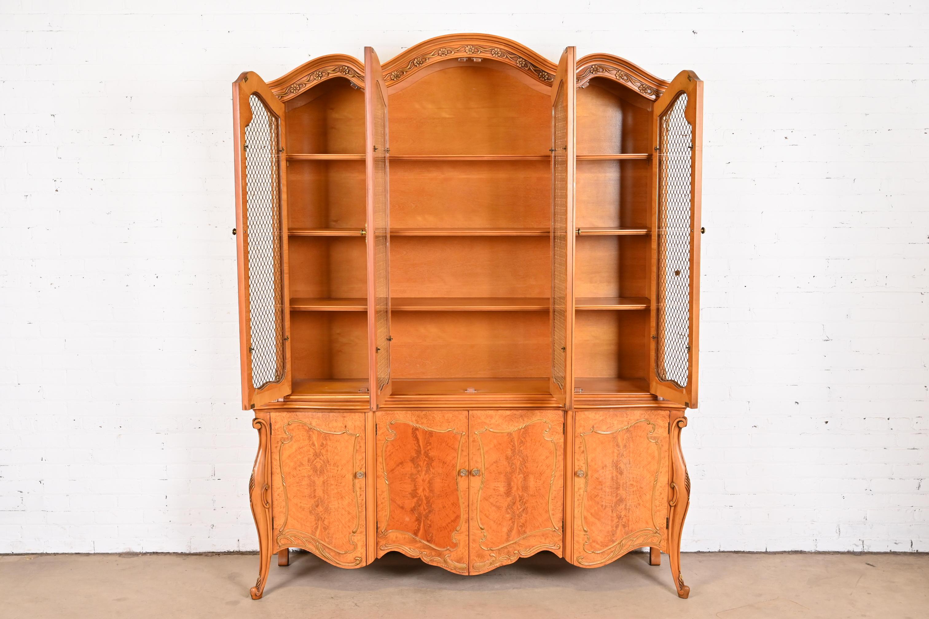 Mid-20th Century Romweber French Louis XV Burl Wood Breakfront Bookcase or Dining Cabinet For Sale