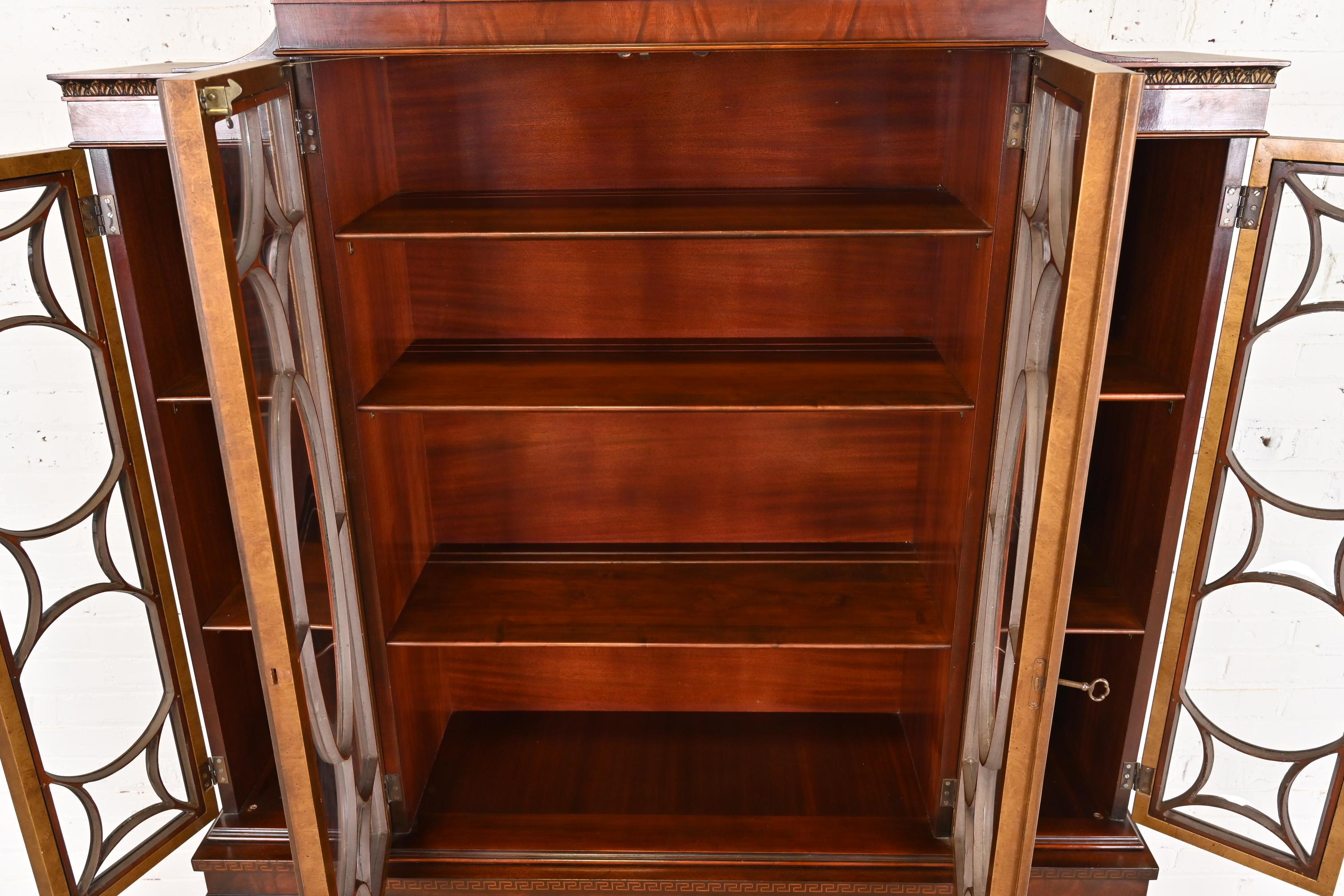 Romweber French Neoclassical Mahogany and Burl Wood Breakfront Bookcase Cabinet For Sale 4