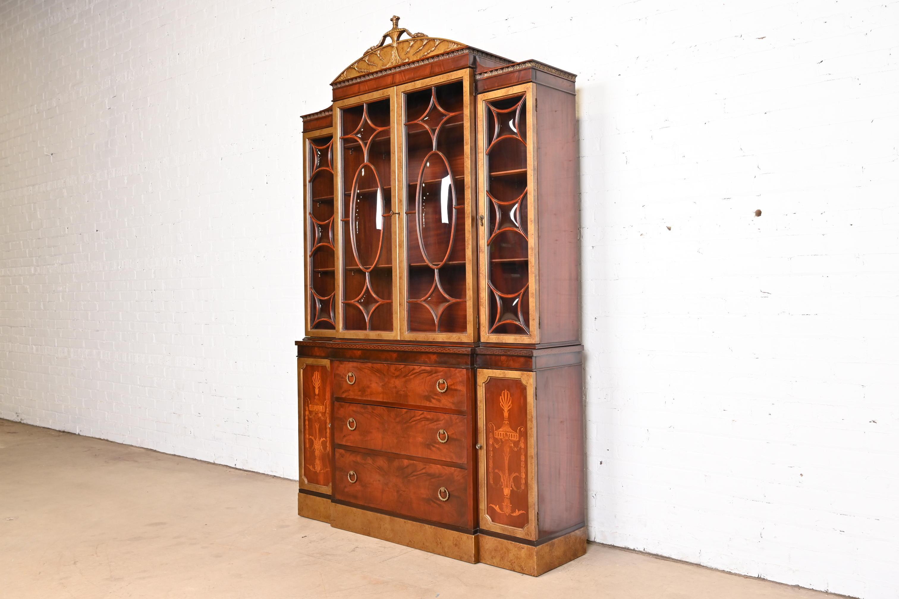 American Romweber French Neoclassical Mahogany and Burl Wood Breakfront Bookcase Cabinet For Sale
