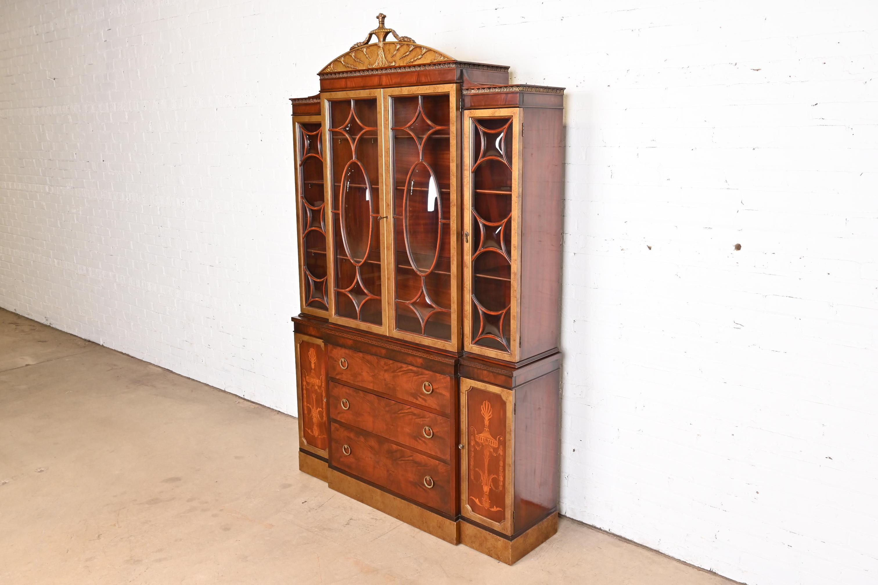 Romweber French Neoclassical Mahogany and Burl Wood Breakfront Bookcase Cabinet In Good Condition For Sale In South Bend, IN