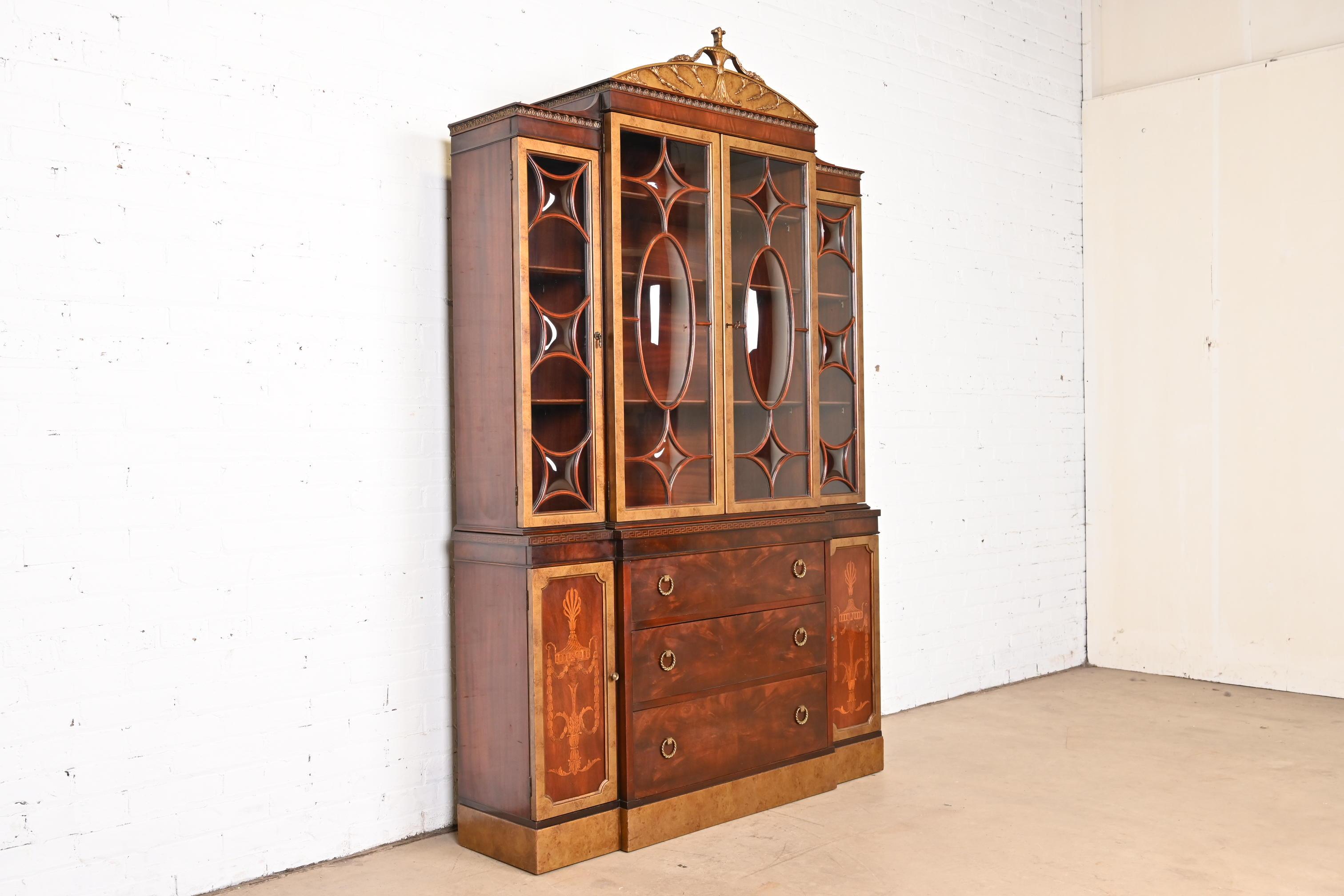Mid-20th Century Romweber French Neoclassical Mahogany and Burl Wood Breakfront Bookcase Cabinet For Sale