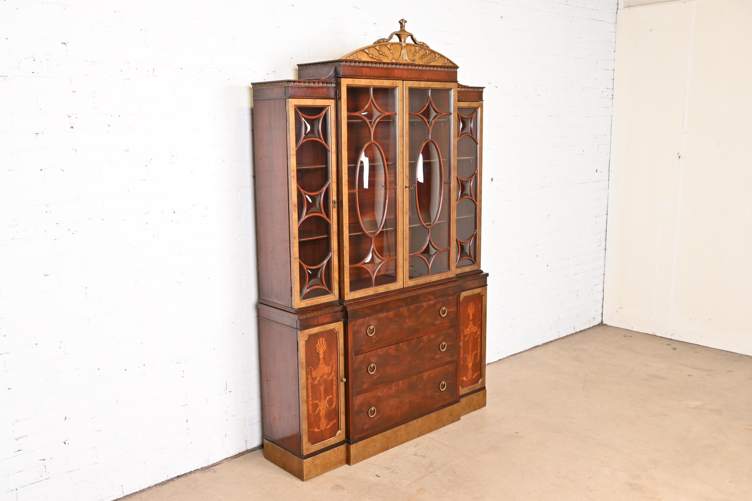 Brass Romweber French Neoclassical Mahogany and Burl Wood Breakfront Bookcase Cabinet For Sale
