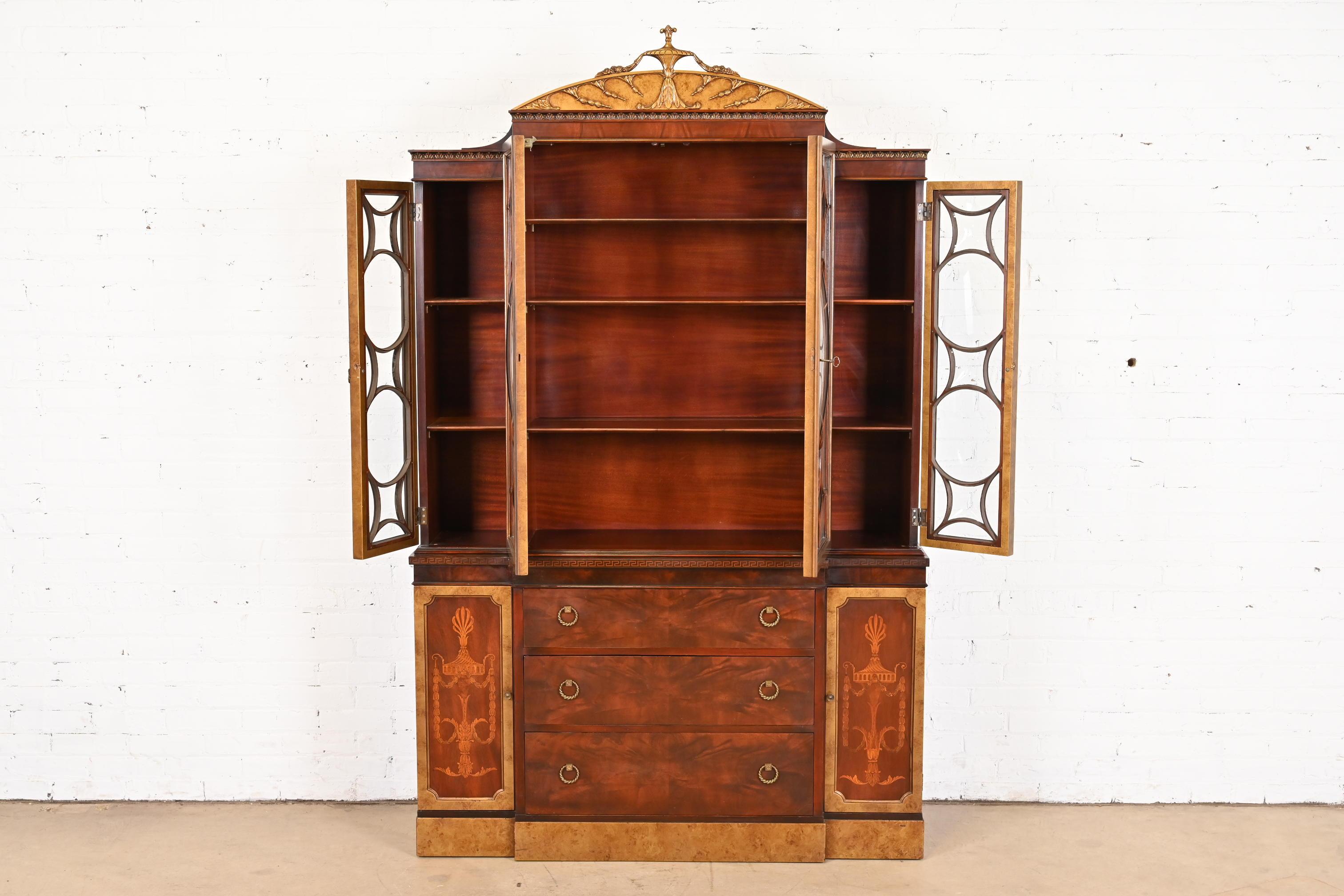Romweber French Neoclassical Mahogany and Burl Wood Breakfront Bookcase Cabinet For Sale 3