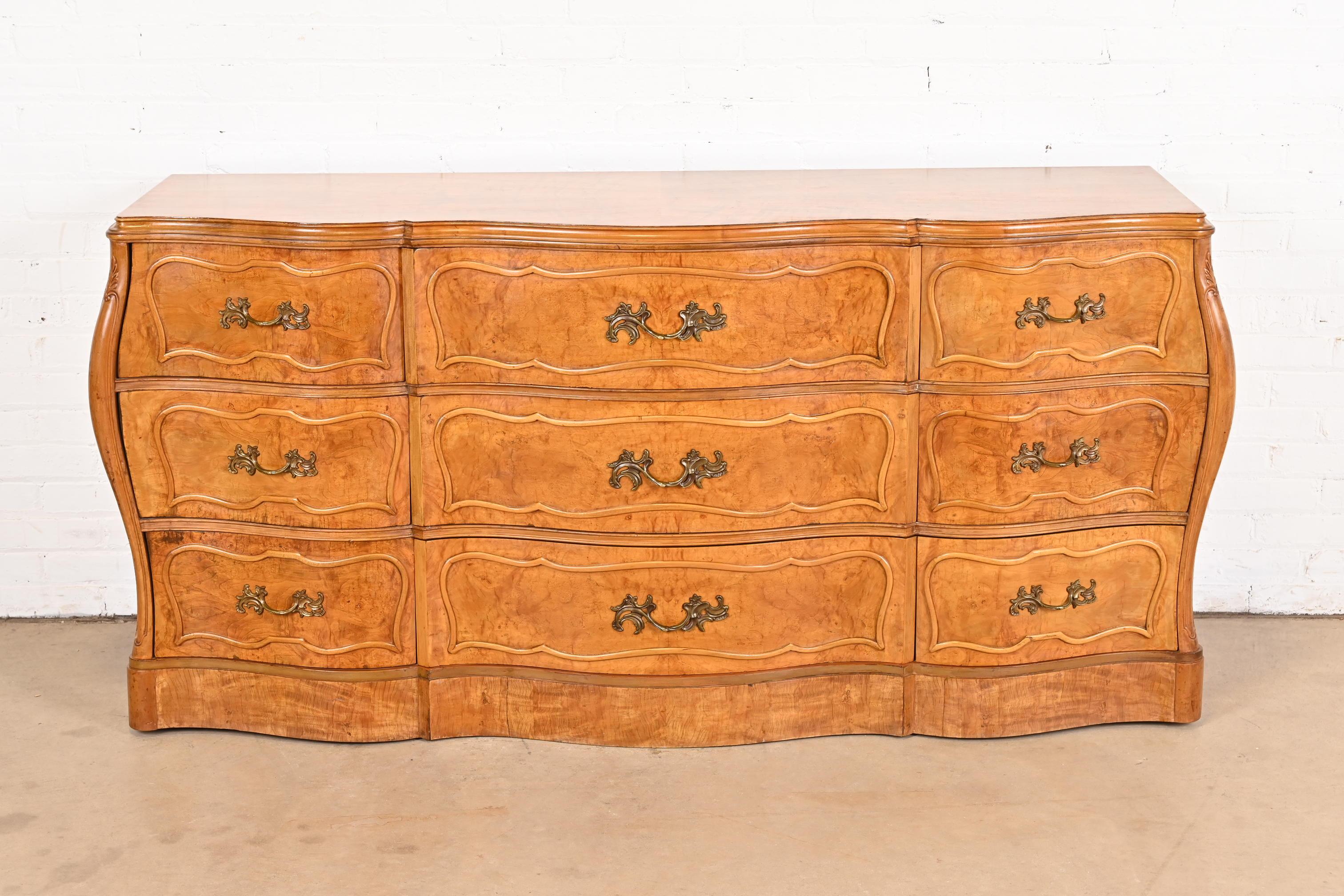 American Romweber French Provincial Louis XV Bombay Form Burl Wood Dresser, Circa 1940s For Sale