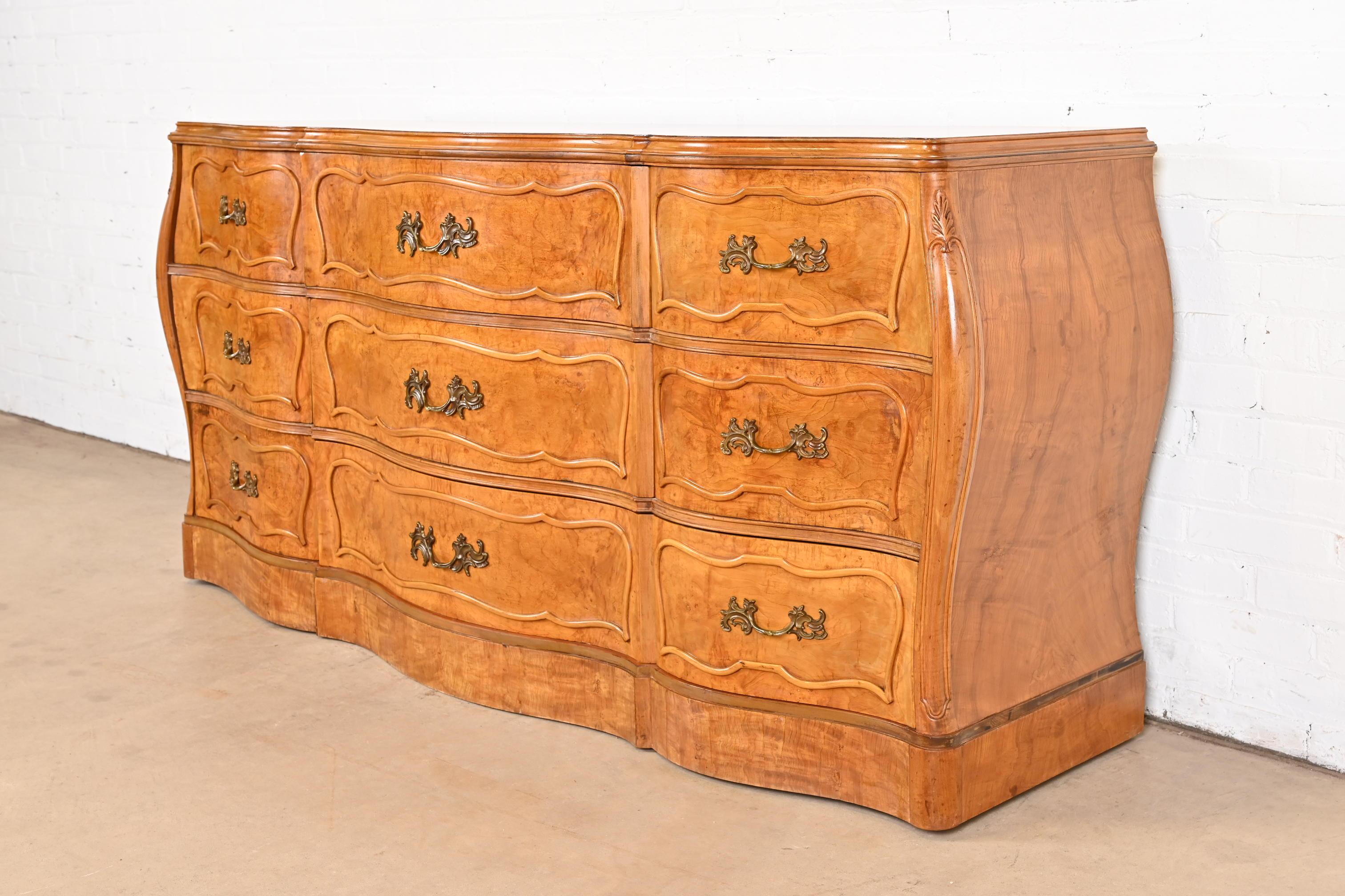Romweber French Provincial Louis XV Bombay Form Burl Wood Dresser, Circa 1940s In Good Condition For Sale In South Bend, IN