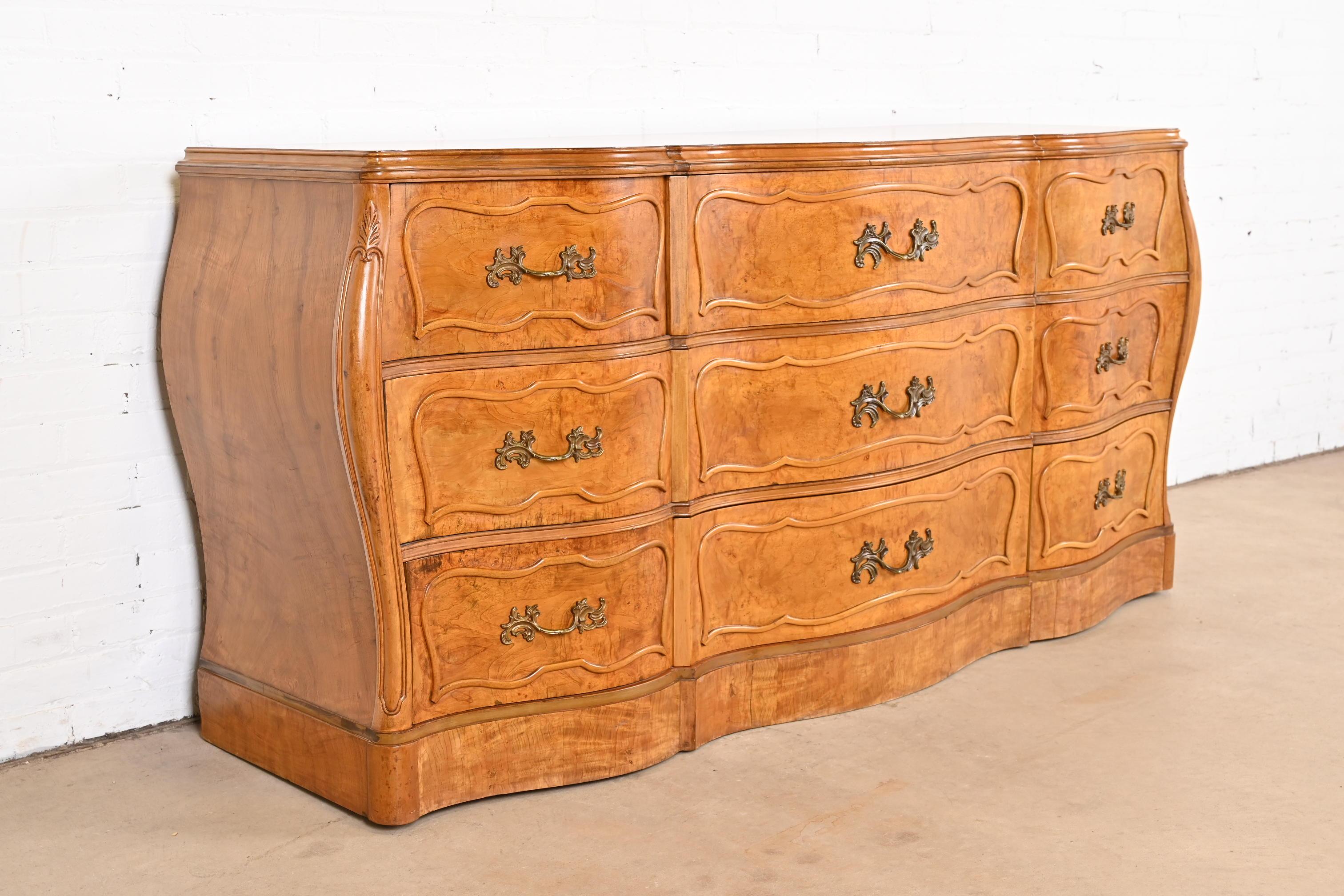 Brass Romweber French Provincial Louis XV Bombay Form Burl Wood Dresser, Circa 1940s For Sale